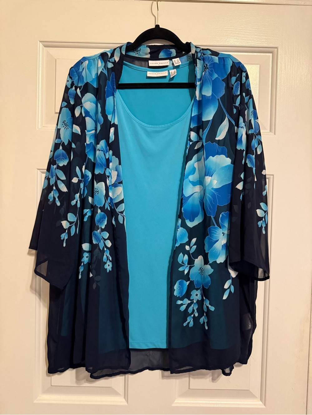 Susan Graver Blue Floral Open-Front Kimono Sweater with Aqua Tank